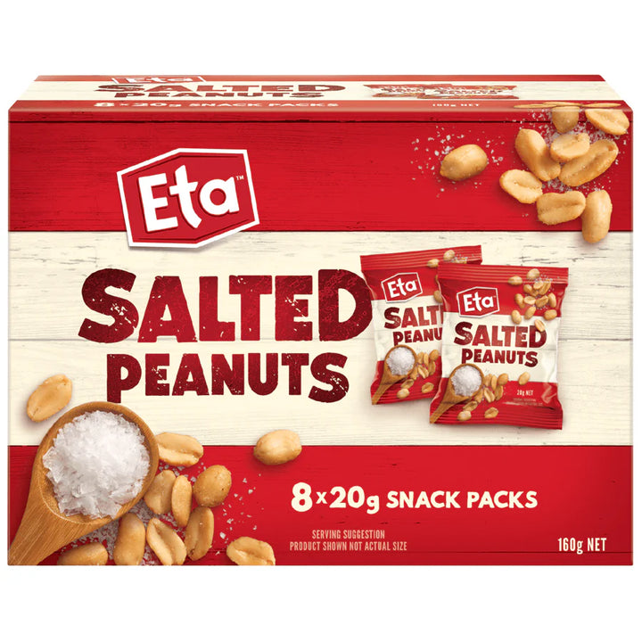 Eta Salted Peanuts 8 x 20g | Auckland Grocery Delivery Get Eta Salted Peanuts 8 x 20g delivered to your doorstep by your local Auckland grocery delivery. Shop Paddock To Pantry. Convenient online food shopping in NZ | Grocery Delivery Auckland | Grocery Delivery Nationwide | Fruit Baskets NZ | Online Food Shopping NZ Eta Salted Peanuts 8x20g snack packs. Perfect for lunchboxes and on-the-go snacking — order groceries online with fast NZ delivery.