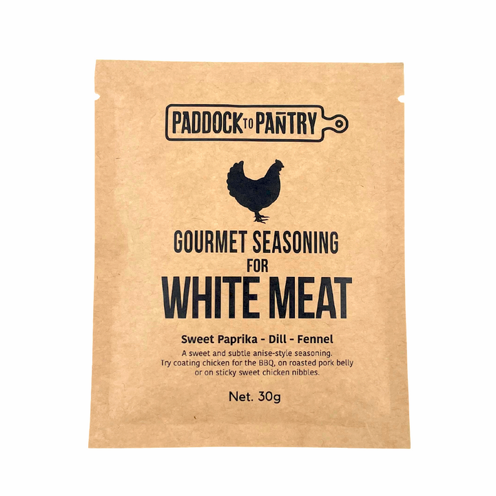 Paddock to Pantry Gourmet Seasoning - White Meat | Auckland Grocery Delivery Get Paddock to Pantry Gourmet Seasoning - White Meat delivered to your doorstep by your local Auckland grocery delivery. Shop Paddock To Pantry. Convenient online food shopping in NZ | Grocery Delivery Auckland | Grocery Delivery Nationwide | Fruit Baskets NZ | Online Food Shopping NZ Sweet Paprika, Dill & Fennel, a sweet and subtle anise-style meat seasoning. Perfectly formulated for All White Meats, including chicken and pork