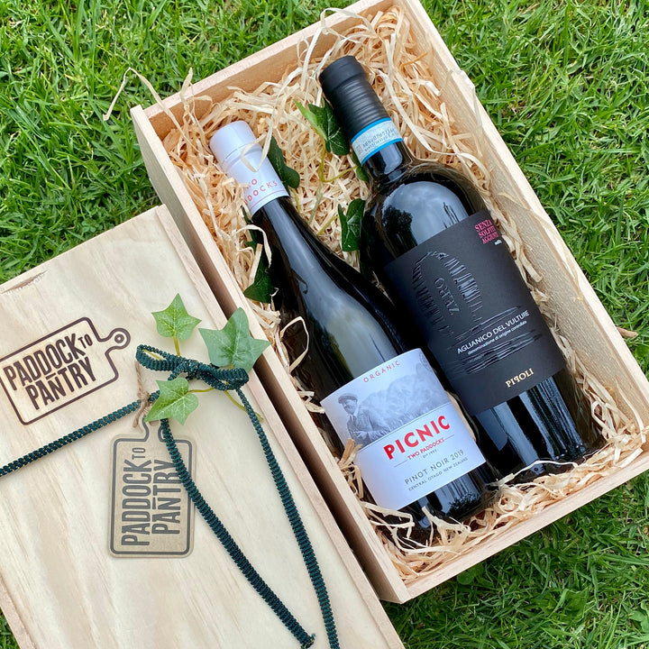 Organic & Sulphite Free Red Wine Hamper | Auckland Grocery Delivery Get Organic & Sulphite Free Red Wine Hamper delivered to your doorstep by your local Auckland grocery delivery. Shop Paddock To Pantry. Convenient online food shopping in NZ | Grocery Delivery Auckland | Grocery Delivery Nationwide | Fruit Baskets NZ | Online Food Shopping NZ Get a wine hamper delivered to their door 7 days in Auckland or overnight NZ wide. With two great Organic & Sulphit free wines, including Sam Niell's Two Paddocks Pino