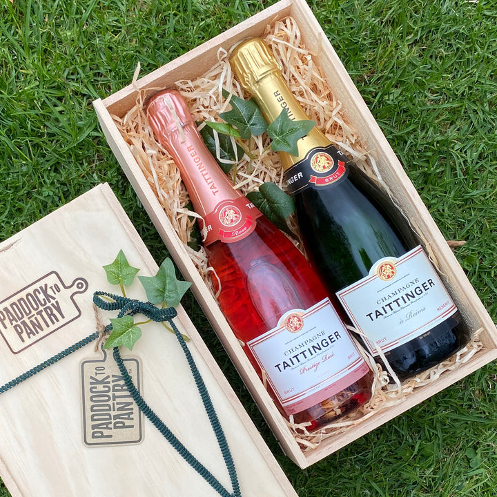 The Taittinger Twosome Wine Hamper | Auckland Grocery Delivery Get The Taittinger Twosome Wine Hamper delivered to your doorstep by your local Auckland grocery delivery. Shop Paddock To Pantry. Convenient online food shopping in NZ | Grocery Delivery Auckland | Grocery Delivery Nationwide | Fruit Baskets NZ | Online Food Shopping NZ Got something to celebrate? Then celebrate with a champagne hamper with free delivery! Whether it's a birthday gift, engagement gift or anniversary gift, we have a great range o