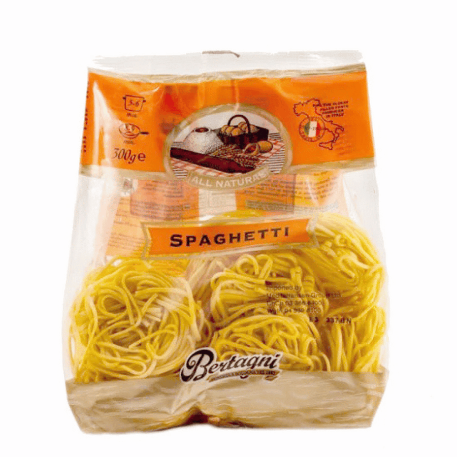 Bertagni Fresh Spaghetti | Auckland Grocery Delivery Get Bertagni Fresh Spaghetti delivered to your doorstep by your local Auckland grocery delivery. Shop Paddock To Pantry. Convenient online food shopping in NZ | Grocery Delivery Auckland | Grocery Delivery Nationwide | Fruit Baskets NZ | Online Food Shopping NZ Fresh Spaghetti made using soft wheat flour and durum wheat semolina and packaged in ready-to-cook nests. Easy, delicious, and perfectly al dente.