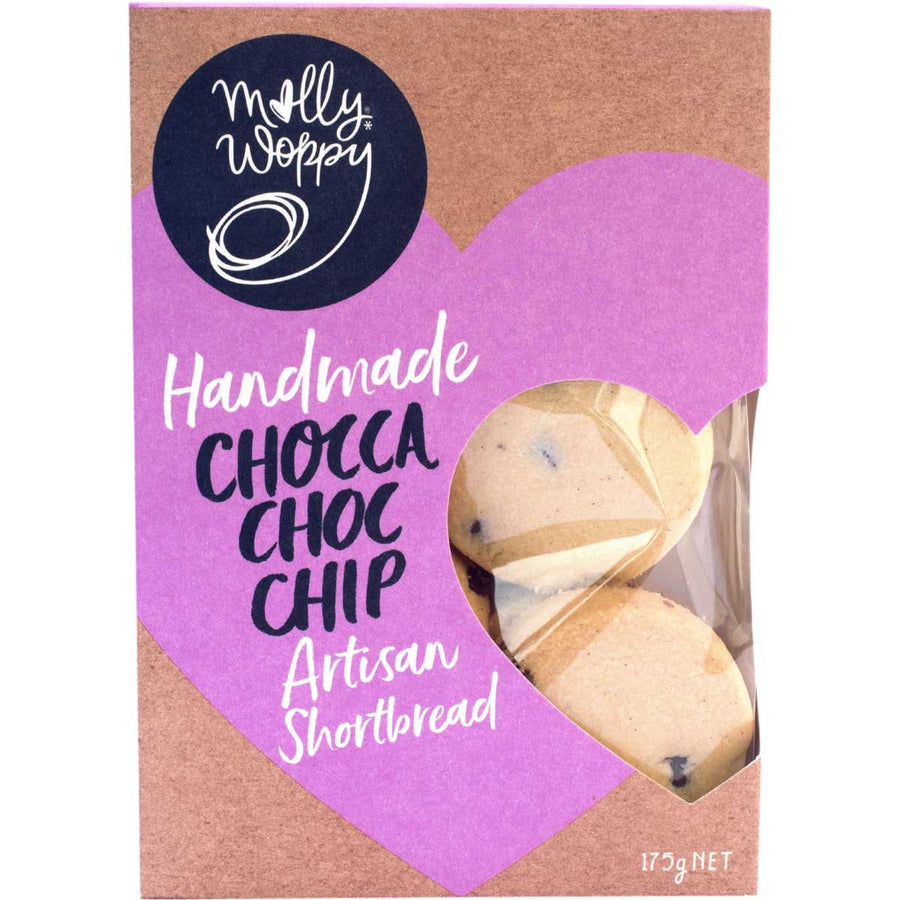 Molly Woppy Chocca Choc Chip | Auckland Grocery Delivery Get Molly Woppy Chocca Choc Chip delivered to your doorstep by your local Auckland grocery delivery. Shop Paddock To Pantry. Convenient online food shopping in NZ | Grocery Delivery Auckland | Grocery Delivery Nationwide | Fruit Baskets NZ | Online Food Shopping NZ Traditional buttery shortbread from Molly Woppy, just like how Grandma made, but loaded with chocolate chips. A modern twist on a classic recipe. Baked with NZ butter and real vanilla beans