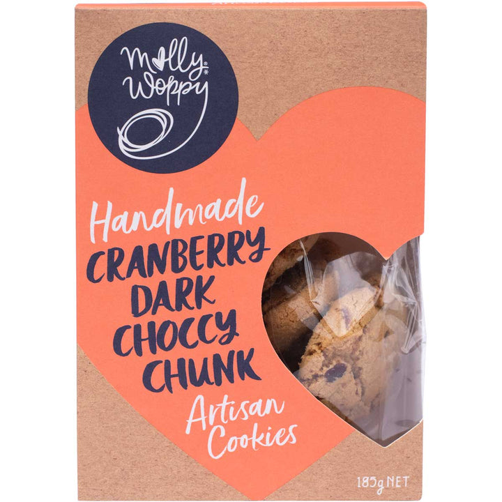 Molly Woppy Cranberry Choc Chunk | Auckland Grocery Delivery Get Molly Woppy Cranberry Choc Chunk delivered to your doorstep by your local Auckland grocery delivery. Shop Paddock To Pantry. Convenient online food shopping in NZ | Grocery Delivery Auckland | Grocery Delivery Nationwide | Fruit Baskets NZ | Online Food Shopping NZ Studded with sweet cranberry pieces and melt-in-your-mouth dark chocolate. Soft and thick with delightfully crisp edges. These chunky morsels will leave you wanting more! Baked with