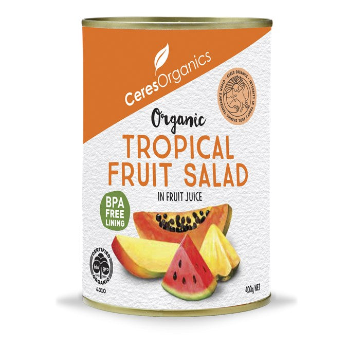 Ceres Organics Tropical Fruit Salad | Auckland Grocery Delivery Get Ceres Organics Tropical Fruit Salad delivered to your doorstep by your local Auckland grocery delivery. Shop Paddock To Pantry. Convenient online food shopping in NZ | Grocery Delivery Auckland | Grocery Delivery Nationwide | Fruit Baskets NZ | Online Food Shopping NZ Pineapple, mango, papaya and watermelon and packed them with organic fruit juice into cans with BPA free lining. Just straight up goodness with no added sugar! 