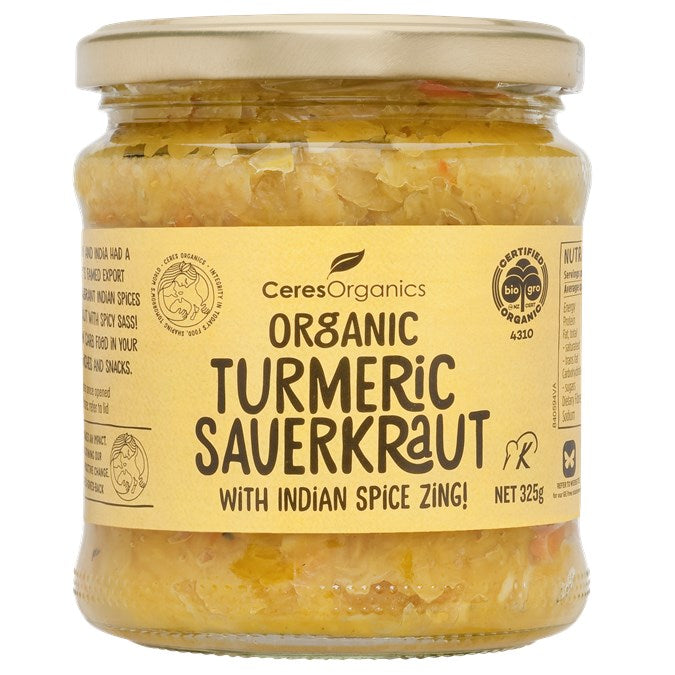 Ceres Organics Sauerkraut - Turmeric with Indian Spice Zing | Auckland Grocery Delivery Get Ceres Organics Sauerkraut - Turmeric with Indian Spice Zing delivered to your doorstep by your local Auckland grocery delivery. Shop Paddock To Pantry. Convenient online food shopping in NZ | Grocery Delivery Auckland | Grocery Delivery Nationwide | Fruit Baskets NZ | Online Food Shopping NZ Tumeric Sauerkraut 325g Available for delivery to your doorstep with Paddock To Pantry’s Auckland Grocery Delivery. Online shop