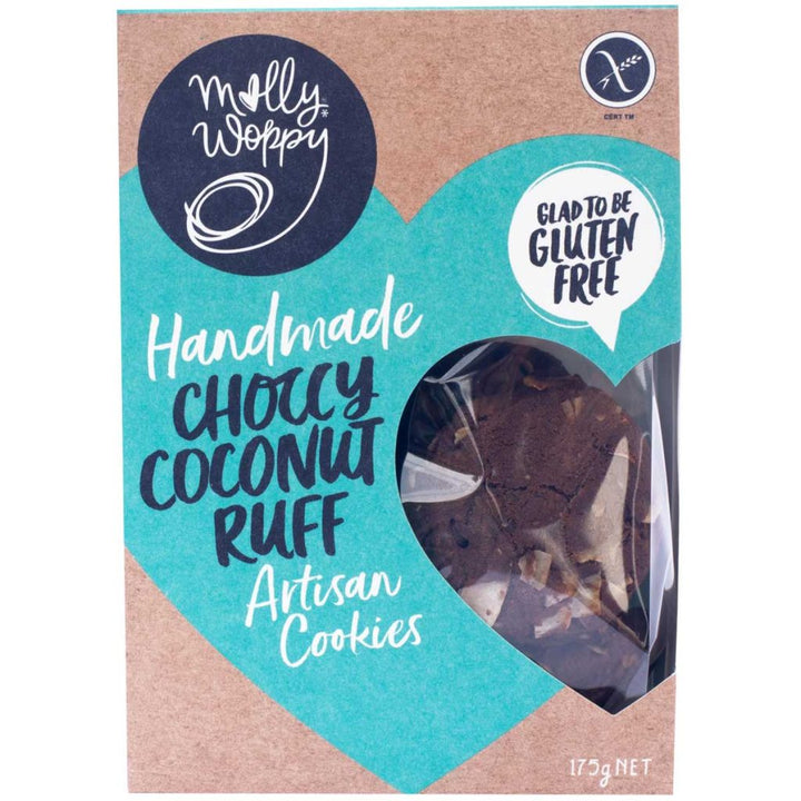 Molly Woppy Choccy Coconut Ruff | Auckland Grocery Delivery Get Molly Woppy Choccy Coconut Ruff delivered to your doorstep by your local Auckland grocery delivery. Shop Paddock To Pantry. Convenient online food shopping in NZ | Grocery Delivery Auckland | Grocery Delivery Nationwide | Fruit Baskets NZ | Online Food Shopping NZ Gluten Free cookies loaded with the chunkiest chocolate chunks. A delicious everyday staple with the added benefit of having the Cross Grain Logo to support a Coeliac lifestyle. Baked